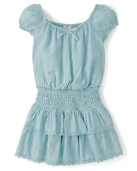 Girls Clip Dot Smocked Tiered Dress