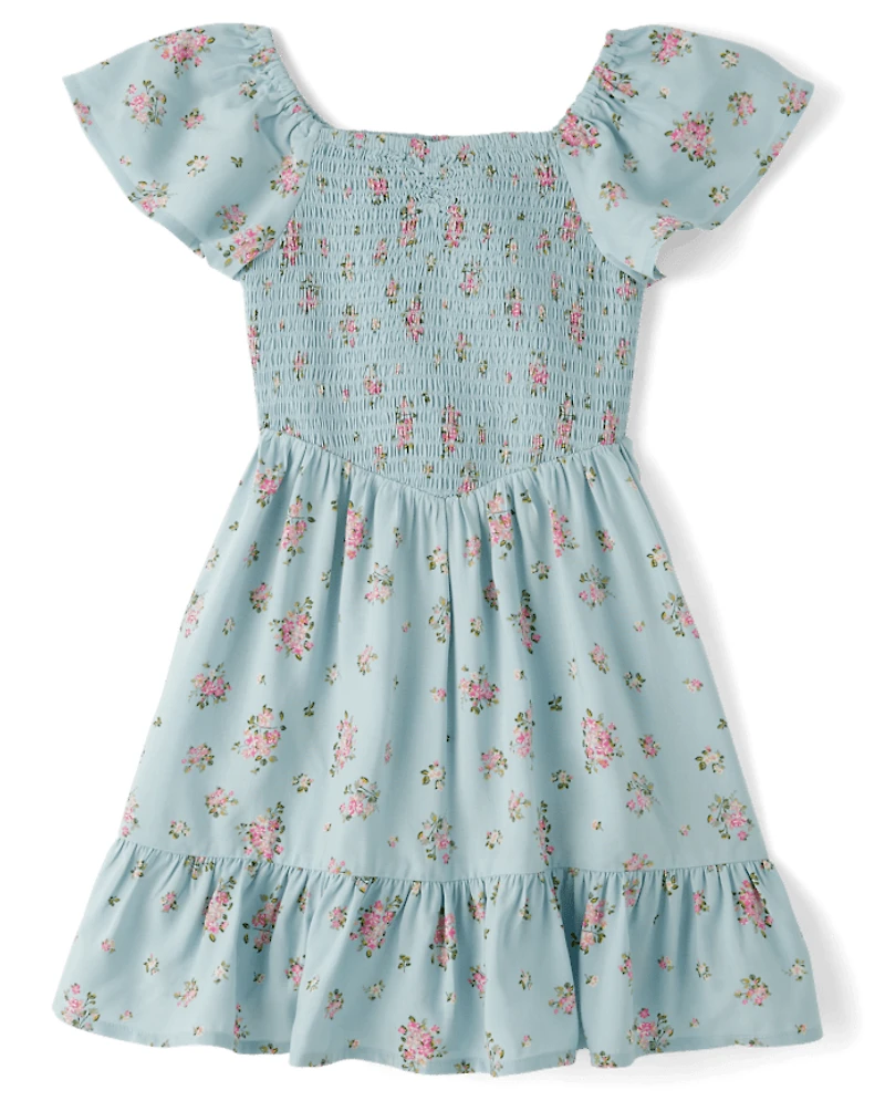 Girls Floral Smocked Ruffle Dress