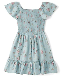 Girls Floral Smocked Ruffle Dress