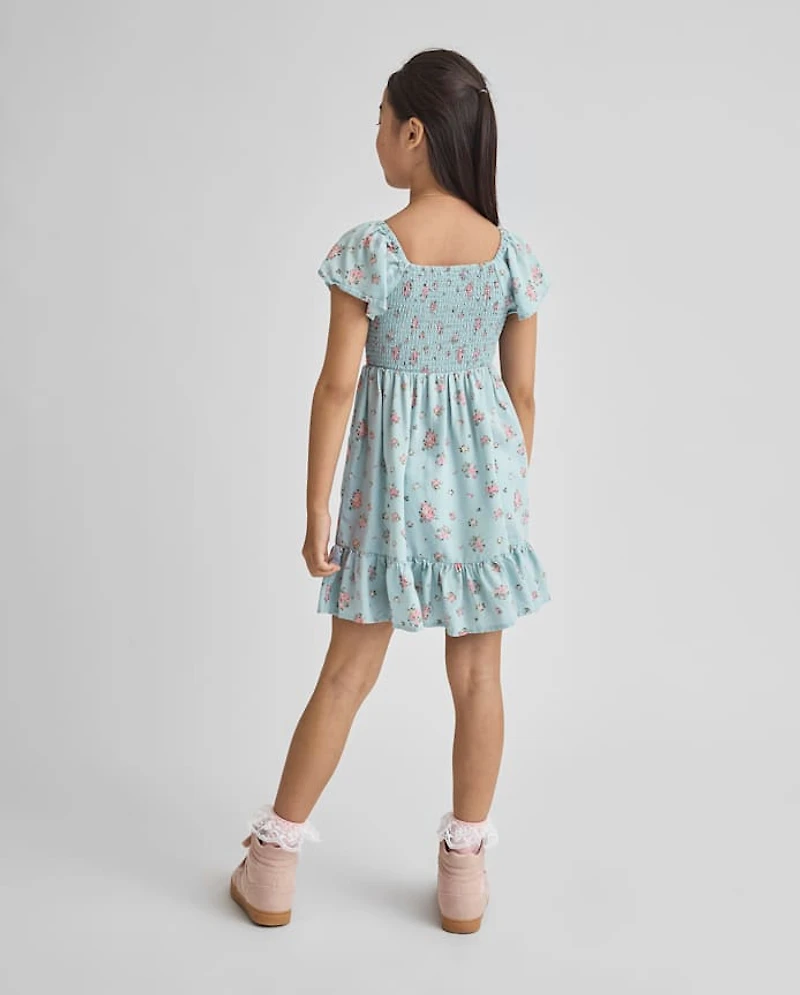 Girls Floral Smocked Ruffle Dress