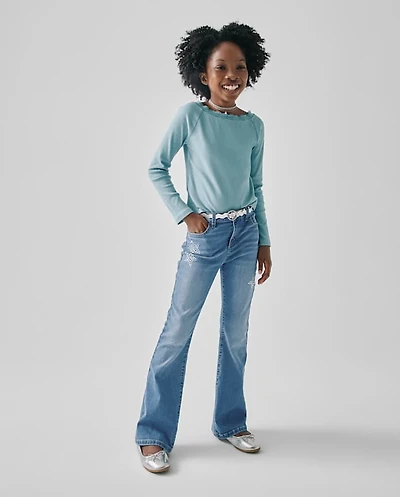 Girls Rhinestone Star High Rise Flare Jeans