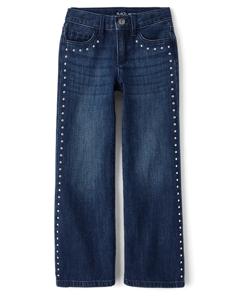 Girls Studded Wide Leg Jeans