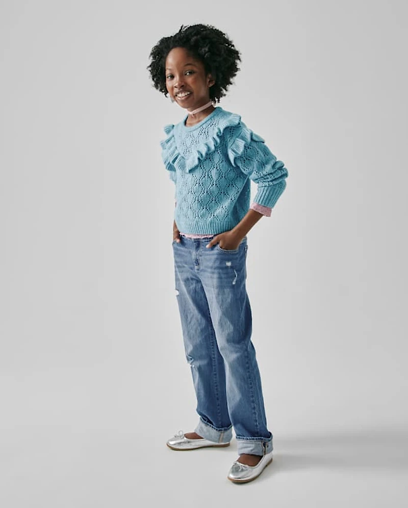 Girls Ripped Roll Cuff Straight Jeans