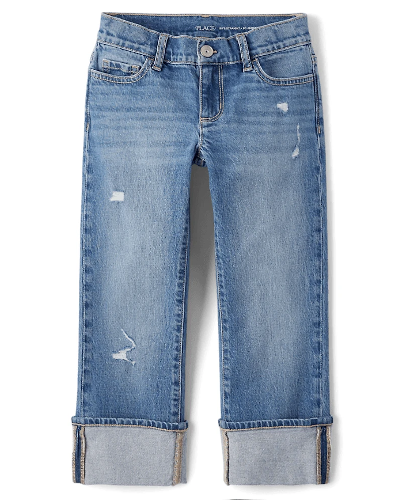 Girls Ripped Roll Cuff Straight Jeans