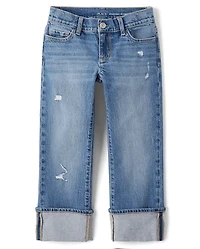 Girls Ripped Roll Cuff Straight Jeans