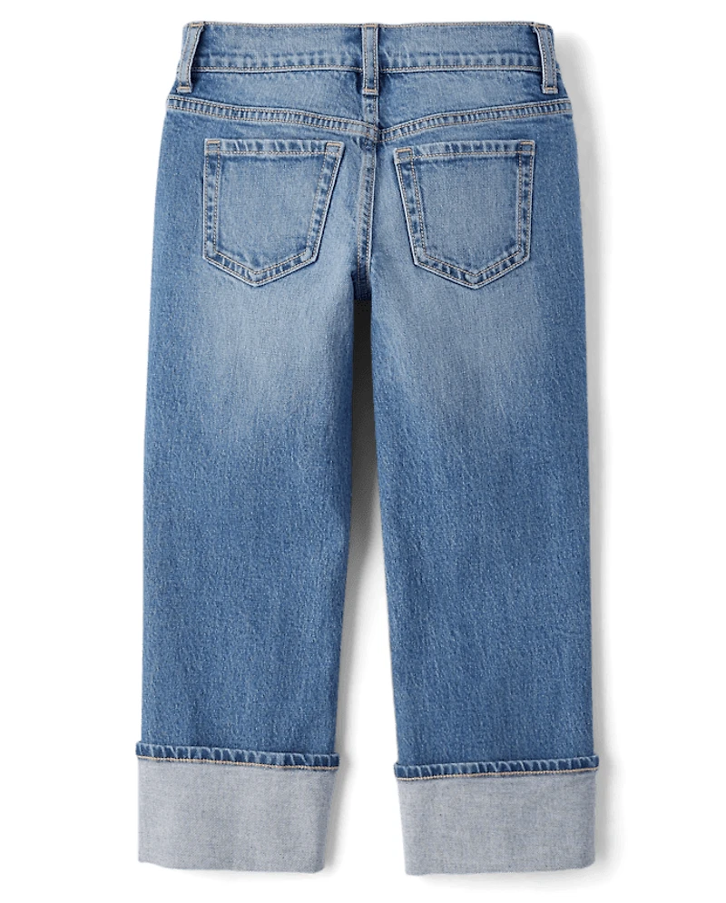 Girls Ripped Roll Cuff Straight Jeans