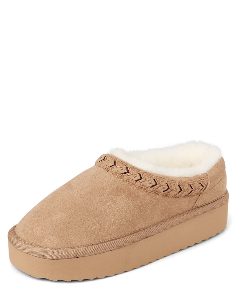 Girls Embroidered Platform Teddy Slip Ons