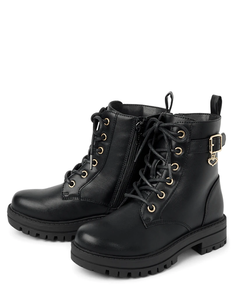 Girls Heart Charm Combat Boots