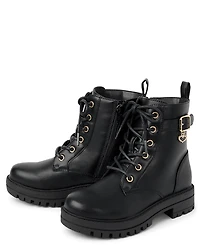 Girls Heart Charm Combat Boots