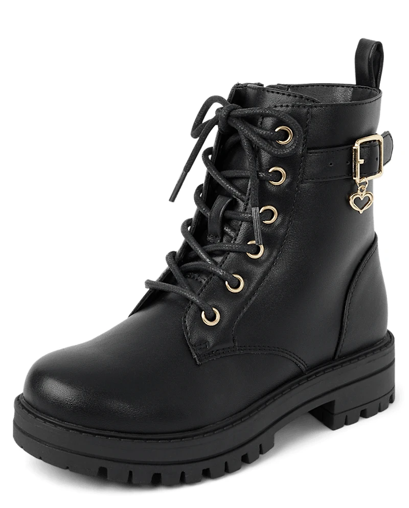 Girls Heart Charm Combat Boots