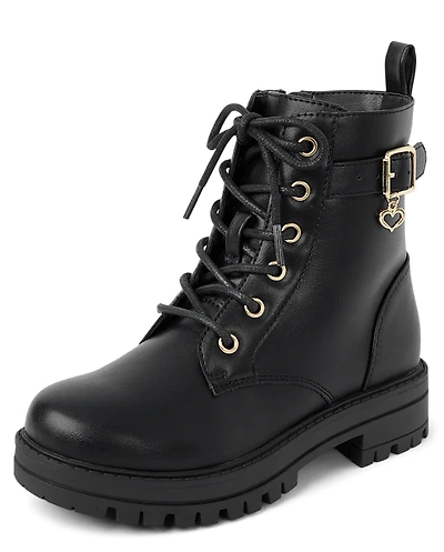 Girls Heart Charm Combat Boots