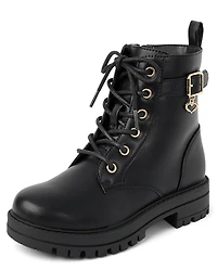 Girls Heart Charm Combat Boots