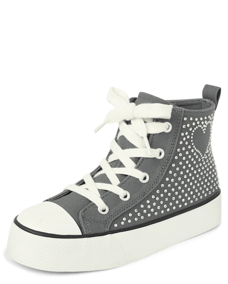 Girls Rhinestone Heart High Top Sneakers
