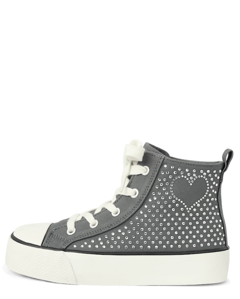Girls Rhinestone Heart High Top Sneakers