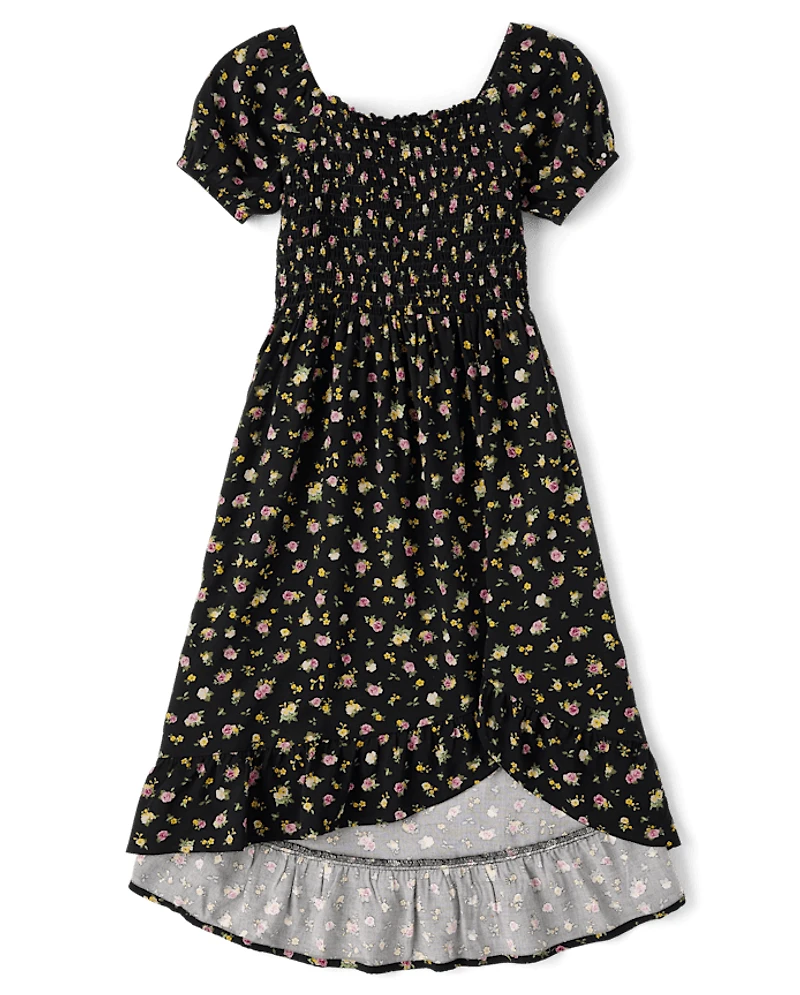 Girls Floral Smocked Midi High Low Dress