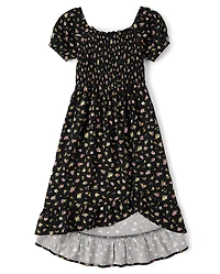 Girls Floral Smocked Midi High Low Dress