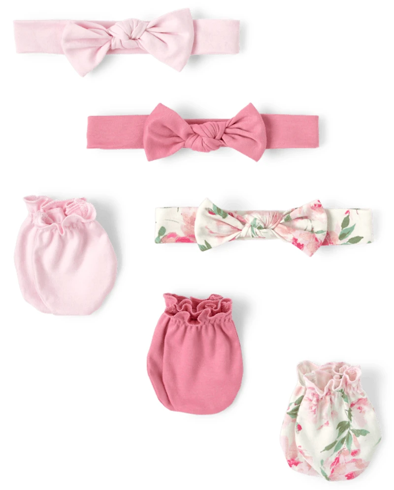 Baby Girls Floral Headwrap And Mittens 6-Piece Set