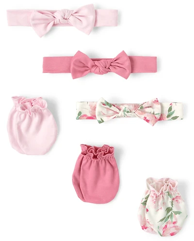Baby Girls Floral Headwrap And Mittens 6-Piece Set