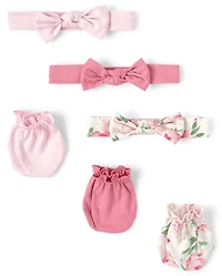 Baby Girls Floral Headwrap And Mittens 6-Piece Set