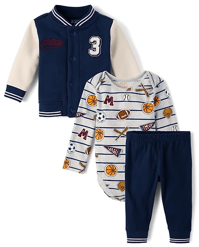 Baby Boys Embroidered Varsity 3-Piece Playwear Set