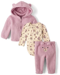 Baby Girls Embroidered Bear 3-Piece Playwear Set