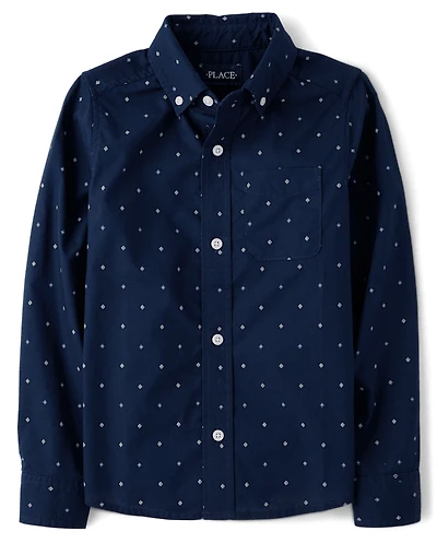 Boys Print Poplin Button Up Shirt