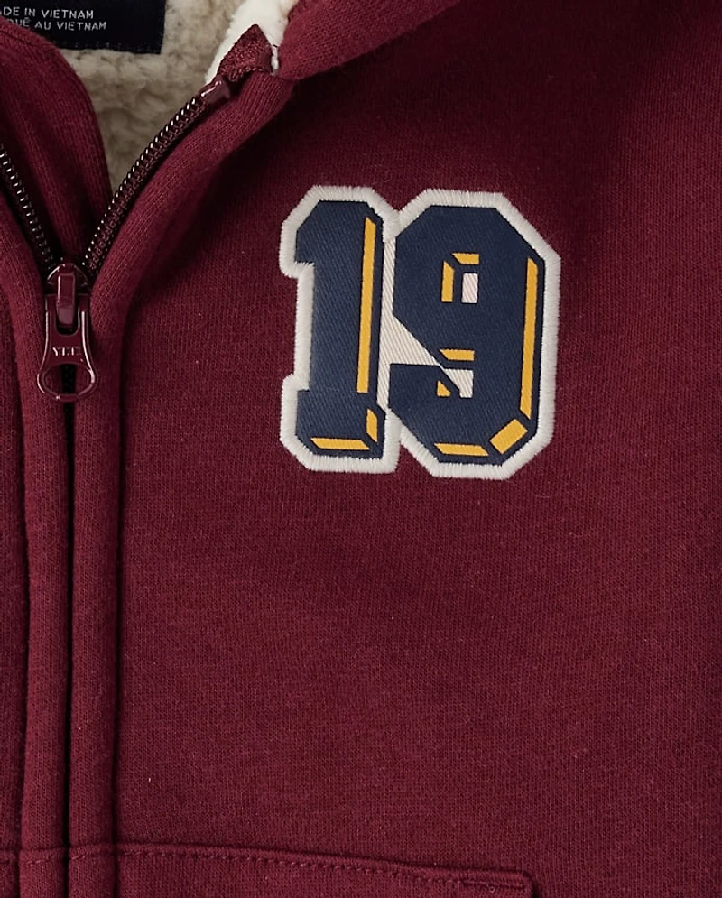 Kids Varsity Patch Premium Fleece Sherpa Lined Zip Up Hoodie