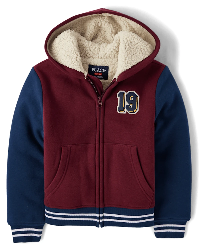 Kids Varsity Patch Premium Fleece Sherpa Lined Zip Up Hoodie
