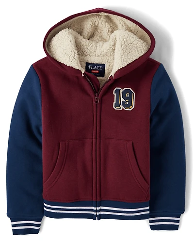 Sweat à capuche zippé en polaire sherpa de qualité supérieure pour enfant Varsity Patch
