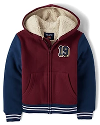 Kids Varsity Patch Premium Fleece Sherpa Lined Zip Up Hoodie