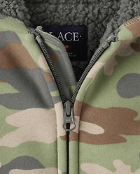 Kids Camo Premium Fleece Sherpa Lined Zip Up Hoodie