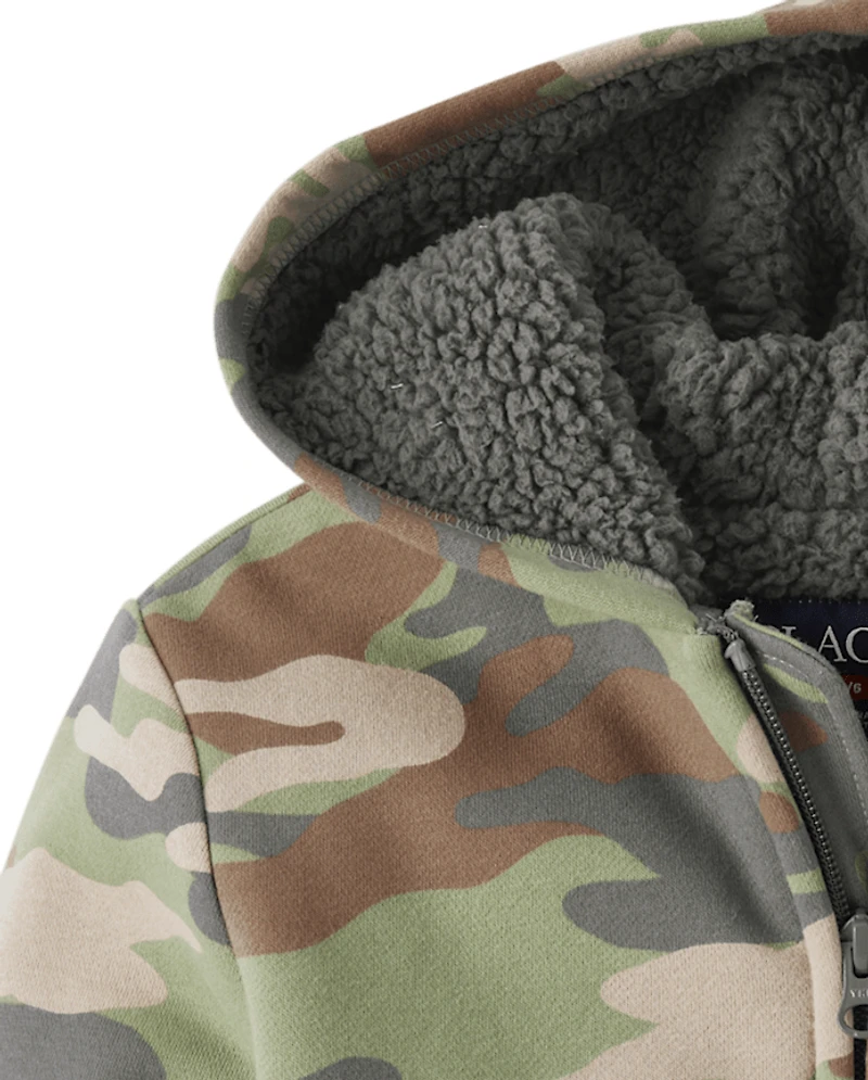 Sweat à capuche zippé en polaire premium camouflage pour garçon, doublé sherpa.
