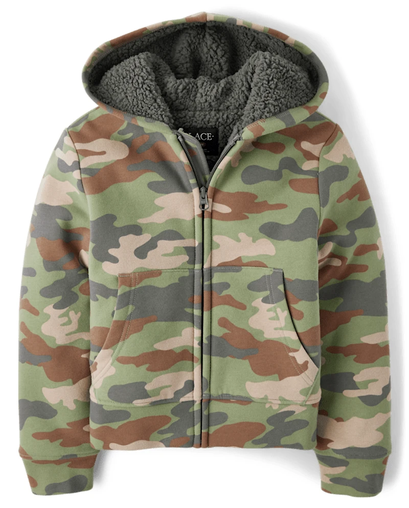 Kids Camo Premium Fleece Sherpa Lined Zip Up Hoodie