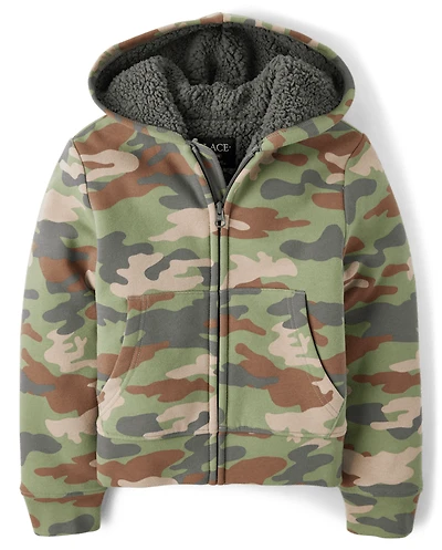 Sweat à capuche zippé en polaire Sherpa de qualité supérieure avec motif camouflage pour enfant