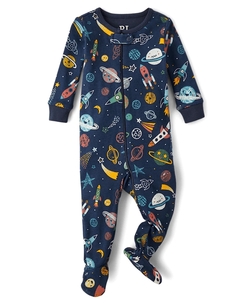 Pyjama une pièce en coton à pieds pour bébés et petits garçons, coupe ajustée, sur le thème de l'espace