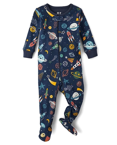 Pyjama une pièce en coton à pieds pour bébés et petits garçons, coupe ajustée, sur le thème de l'espace