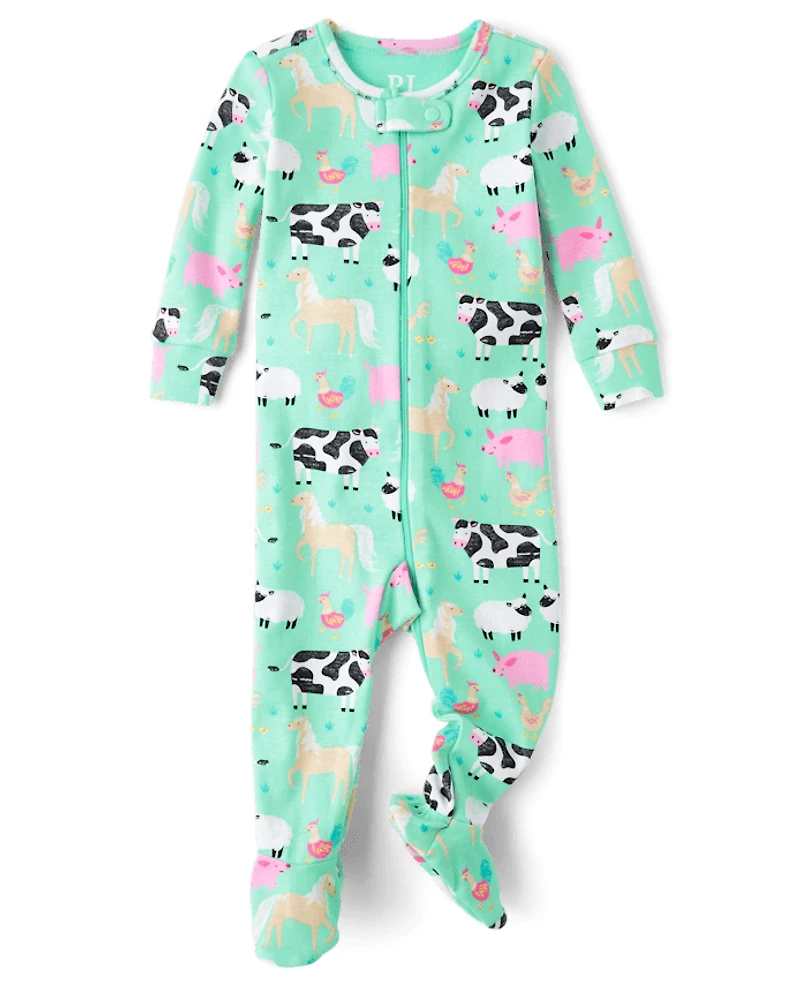 Pyjama une pièce en coton à pieds, motif animaux de la ferme, pour bébés et petites filles