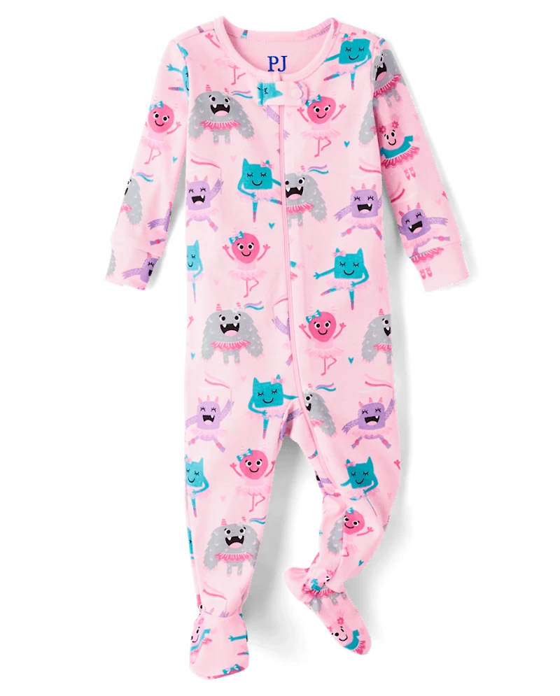 Baby And Toddler Girls Monster Ballerina Snug Fit Cotton Footed One Piece Pajamas