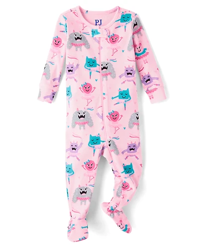 Baby And Toddler Girls Monster Ballerina Snug Fit Cotton Footed One Piece Pajamas