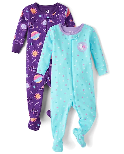 Pyjamas une pièce en coton à pieds pour bébés et petites filles, motif espace, lot de 2