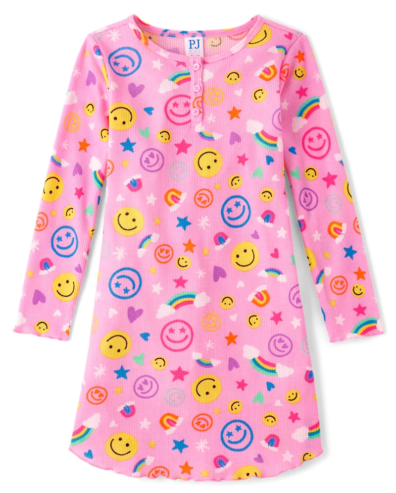 Girls Happy Face Thermal Henley Nightgown