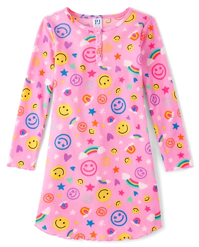 Girls Happy Face Thermal Henley Nightgown