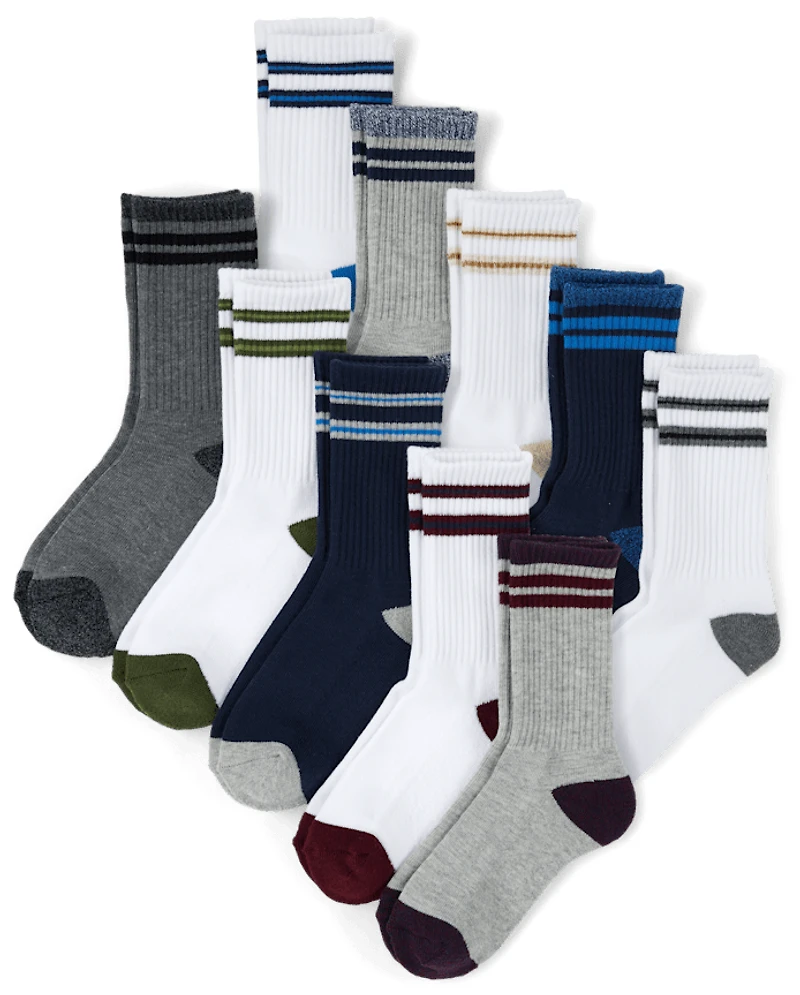 Boys Striped Cushioned Crew Socks 10-Pack