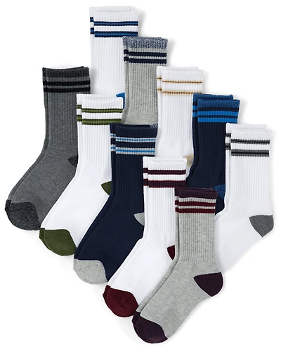 Boys Striped Cushioned Crew Socks 10-Pack