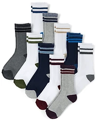 Boys Striped Cushioned Crew Socks 10-Pack
