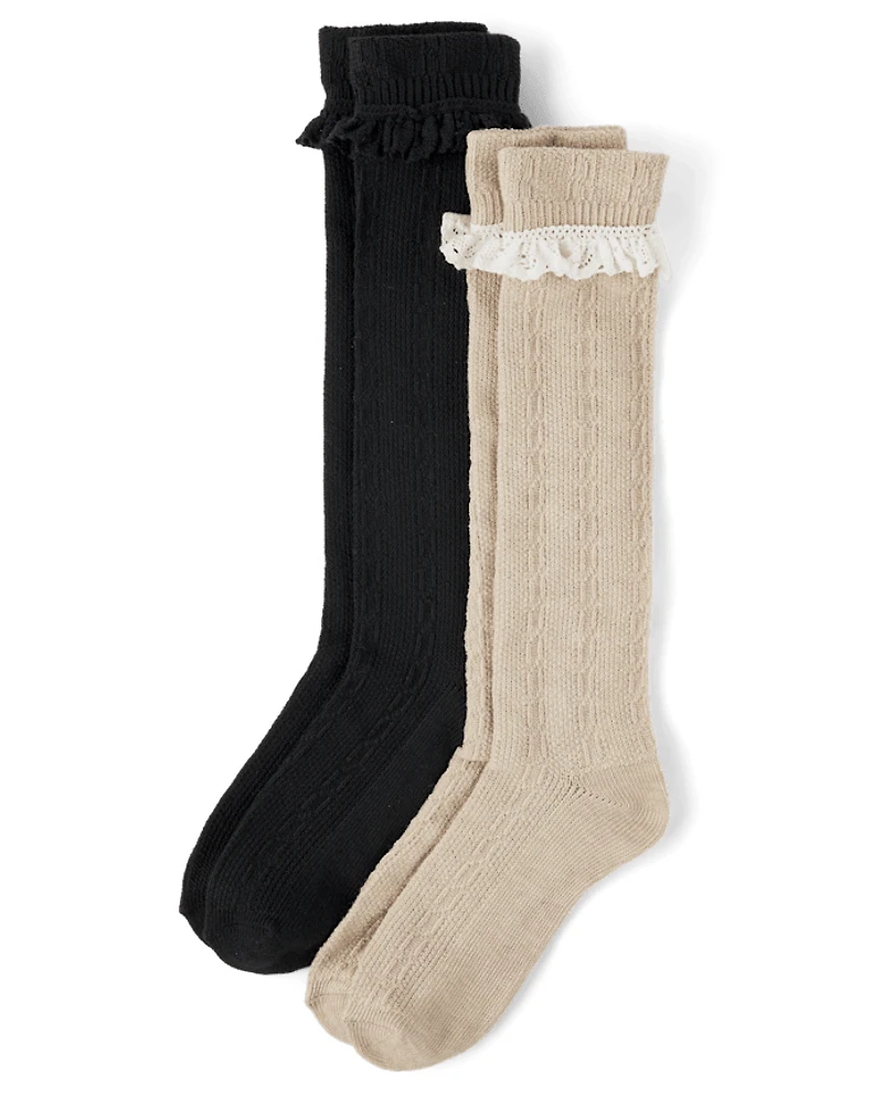 Girls Cable Knit Boot Socks 2-Pack