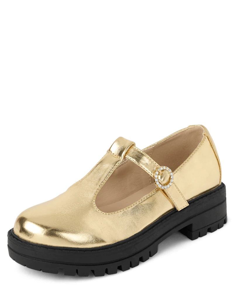 Girls Metallic T-Strap Mary Jane Shoes