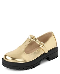 Girls Metallic T-Strap Mary Jane Shoes