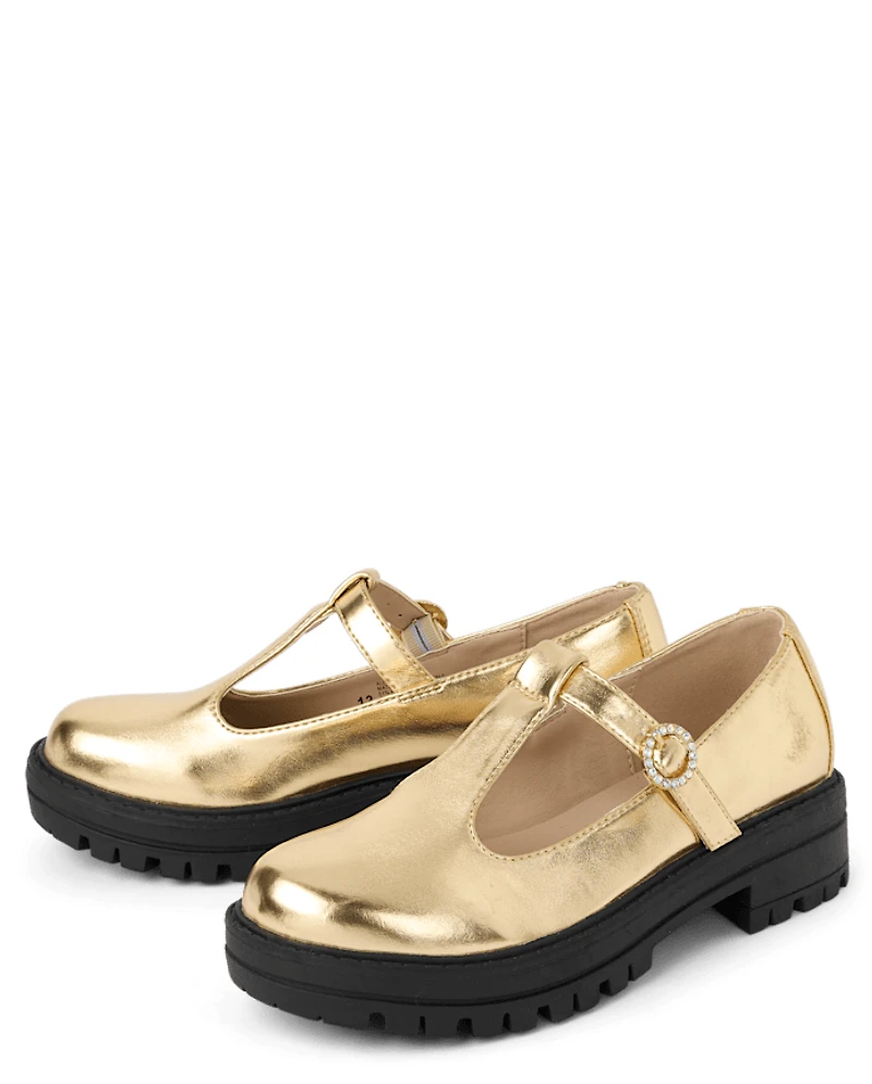 Girls Metallic T-Strap Mary Jane Shoes