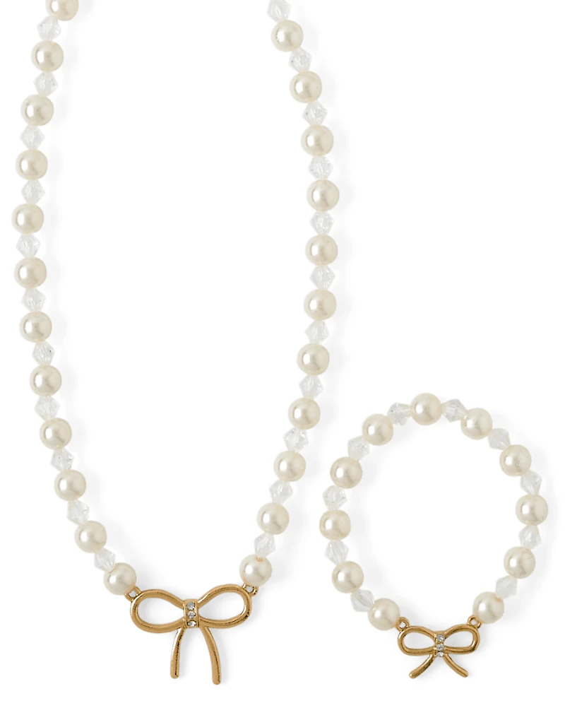 Girls Bow Pearl 2-Piece Jewelry Set